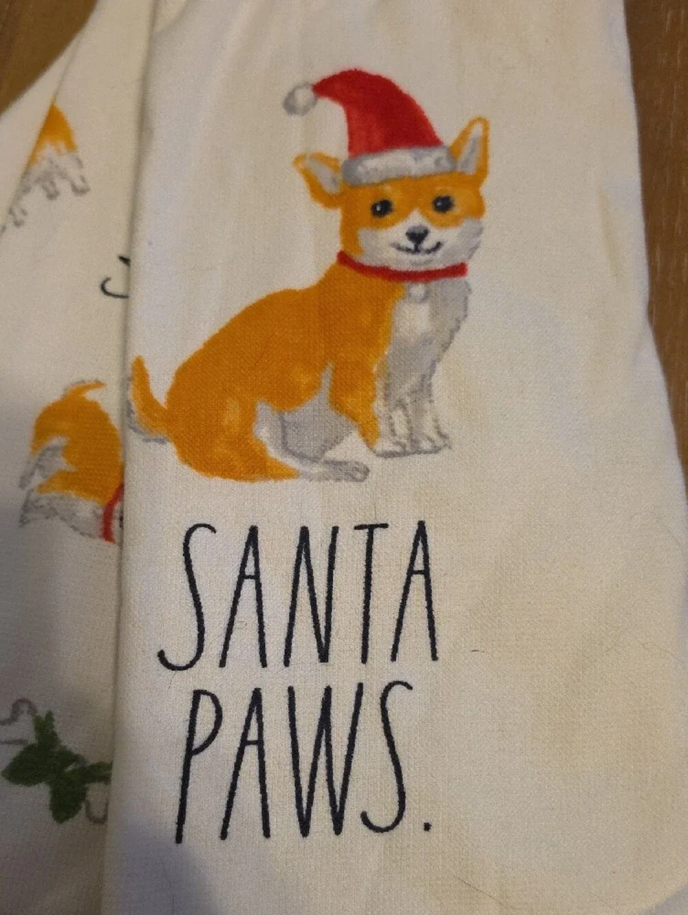 Rae Dunn White Kitchen Towels with Orange Corgi 'Santa Paws' Print NWT Set Of 3